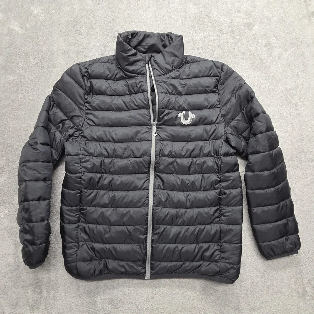 True Religion Jacket Mens M Black Puffer Light Insulated Lined Full Zip Pockets